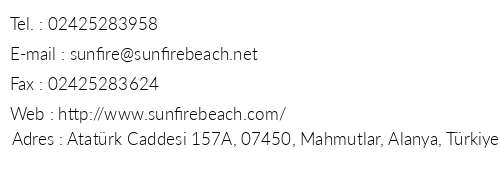 Sun Fire Beach Hotel telefon numaralar, faks, e-mail, posta adresi ve iletiim bilgileri